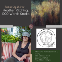 A Flyer featuring artist Heather Kitching in the Lower corner sitting in a chair outside and a sample of her landscape art in the upper right hand corner. The flyer includes details regarding the pop-up event.