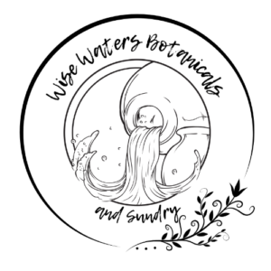 Wise Waters Botanicals Logo featuring water spilling from a jar with the business name and a graphic of a flower in the lower right portion of the circle that surrounds the rest of the elements